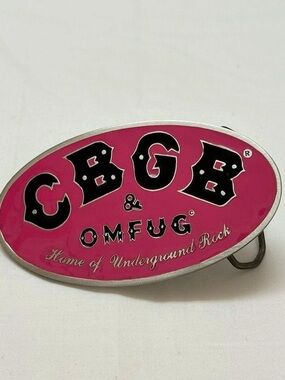 CBGB & OMFUG Home of Underground Rock belt buckle Pink & Silver Belt Buckle